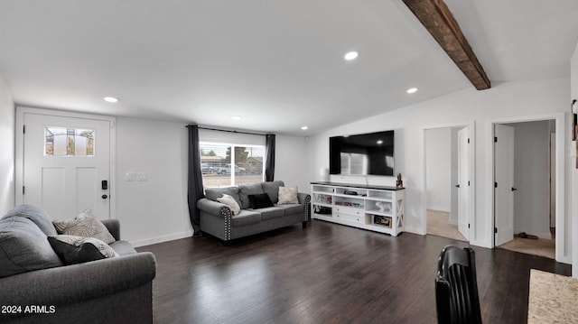 living room with vaulted ceiling with beams and dark hardwood / wood-style floors