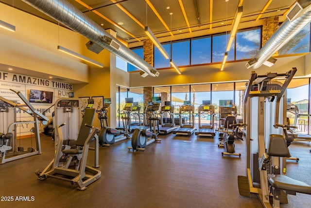 exercise room featuring a towering ceiling