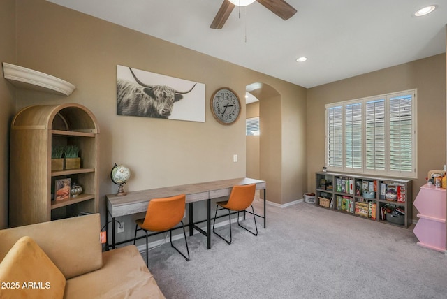 18841 E Pelican Ct, Queen Creek, AZ 85142 - carpeted home office featuring recessed lighting, baseboards, arched walkways, and ceiling fan
