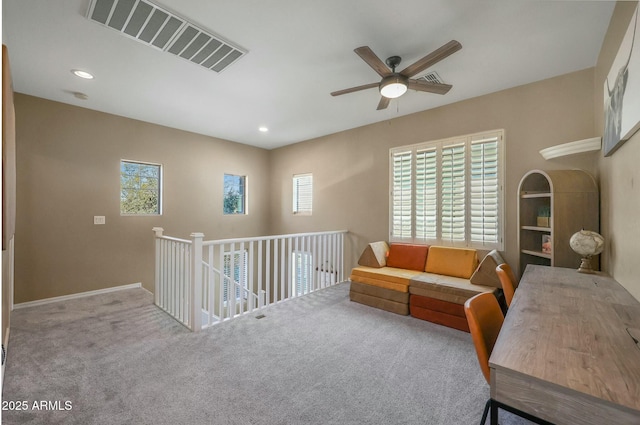 18841 E Pelican Ct, Queen Creek, AZ 85142 - living area with recessed lighting, visible vents, carpet floors, and a ceiling fan
