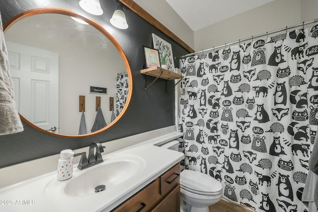 18841 E Pelican Ct, Queen Creek, AZ 85142 - bathroom with vanity, a shower with shower curtain, and toilet