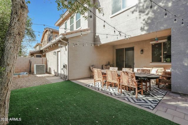 18841 E Pelican Ct, Queen Creek, AZ 85142 - back of house with fence, outdoor dining area, stucco siding, a patio area, and a lawn