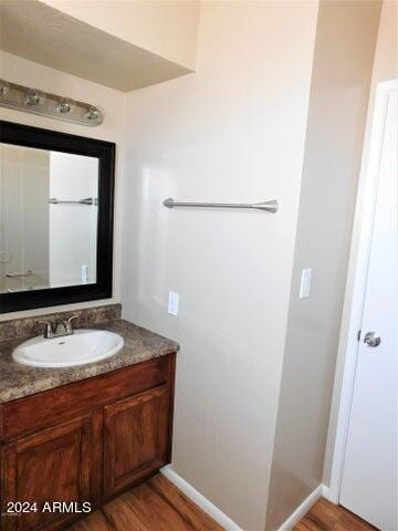 bathroom with vanity and wood-type flooring