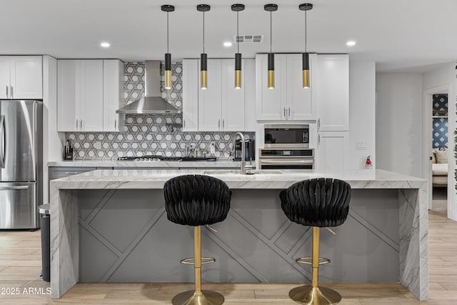 kitchen featuring white cabinets, visible vents, backsplash, wall chimney range hood, and appliances with stainless steel finishes