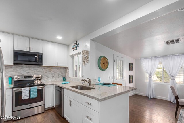 2518 E Campbell Ave, Phoenix, AZ 85016 - kitchen featuring stainless steel appliances, a sink, a peninsula, white cabinets, and dark wood-type flooring