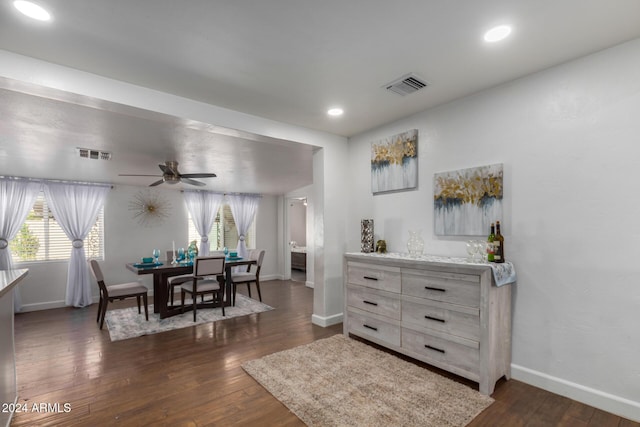 2518 E Campbell Ave, Phoenix, AZ 85016 - dining room featuring baseboards, a ceiling fan, dark wood-style flooring, and recessed lighting