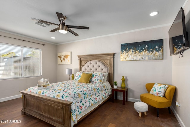 2518 E Campbell Ave, Phoenix, AZ 85016 - bedroom with wood finished floors, baseboards, crown molding, recessed lighting, and ceiling fan