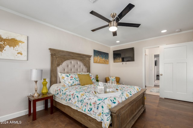 bedroom featuring ceiling fan, dark hardwood / wood-style flooring, and ornamental molding