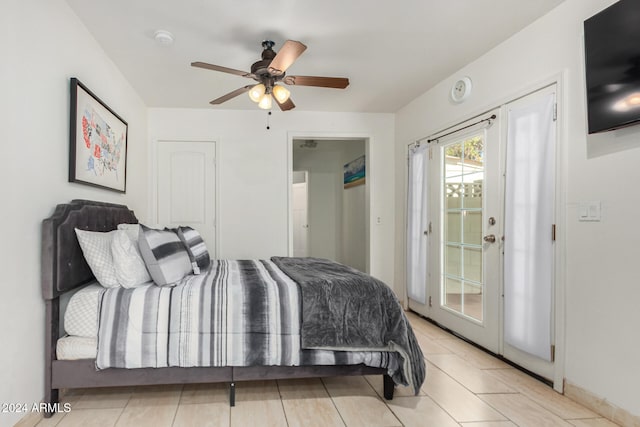 bedroom featuring access to outside and ceiling fan