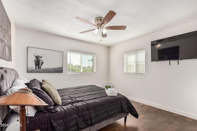 2518 E Campbell Ave, Phoenix, AZ 85016 - bedroom with multiple windows, wood finished floors, baseboards, and a ceiling fan