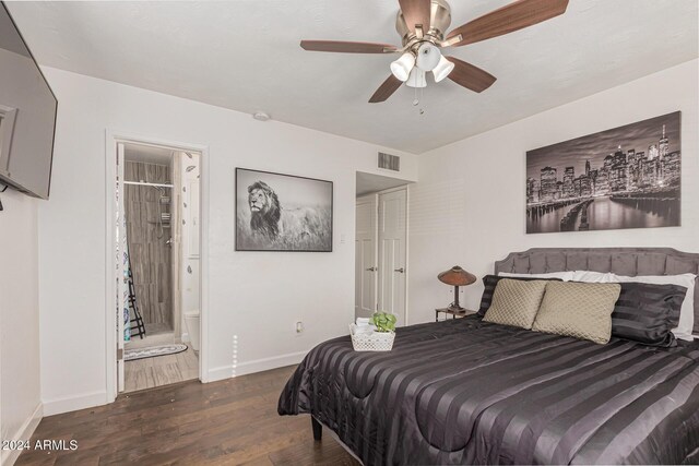 2518 E Campbell Ave, Phoenix, AZ 85016 - bedroom with baseboards, wood finished floors, a ceiling fan, and ensuite bath