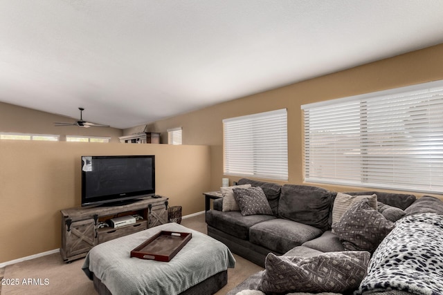 4038 E Wrangler Ct, Gilbert, AZ 85297 - living room featuring carpet flooring, baseboards, ceiling fan, and lofted ceiling