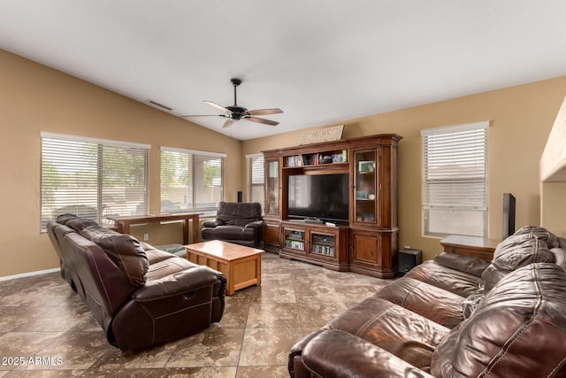 4038 E Wrangler Ct, Gilbert, AZ 85297 - living room with a ceiling fan, lofted ceiling, and baseboards