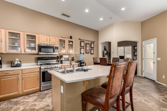 4038 E Wrangler Ct, Gilbert, AZ 85297 - kitchen featuring appliances with stainless steel finishes, a sink, arched walkways, a kitchen breakfast bar, and vaulted ceiling