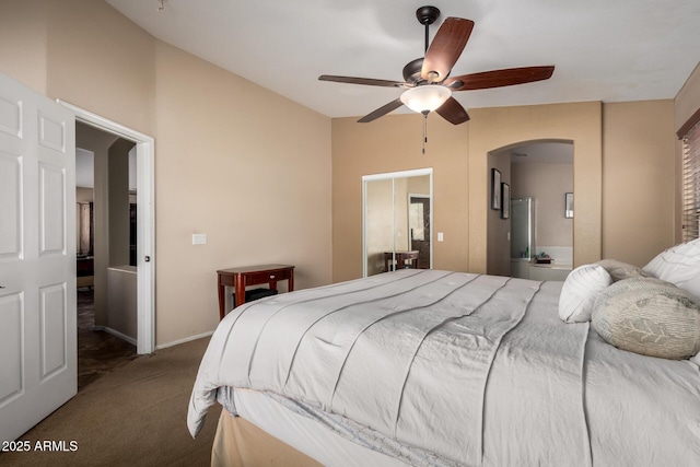 4038 E Wrangler Ct, Gilbert, AZ 85297 - carpeted bedroom featuring arched walkways and ceiling fan