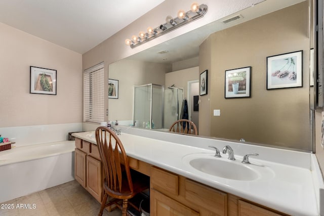 4038 E Wrangler Ct, Gilbert, AZ 85297 - bathroom with double vanity, a shower stall, a garden tub, and tile patterned floors