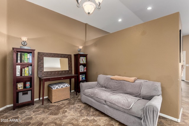 4038 E Wrangler Ct, Gilbert, AZ 85297 - living room featuring baseboards, stone finish floors, high vaulted ceiling, and recessed lighting