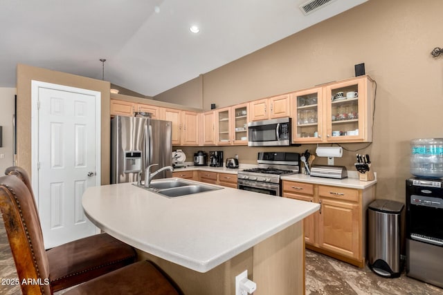 4038 E Wrangler Ct, Gilbert, AZ 85297 - kitchen featuring appliances with stainless steel finishes, a sink, light brown cabinets, light countertops, and an island with sink