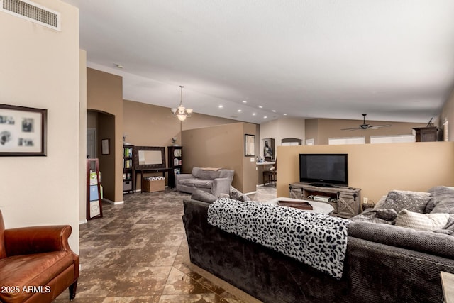 4038 E Wrangler Ct, Gilbert, AZ 85297 - living area with lofted ceiling, a ceiling fan, a chandelier, arched walkways, and baseboards