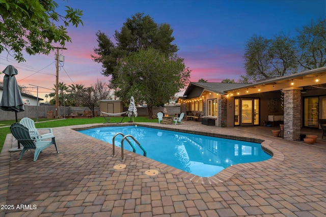 5535 N 13th St, Phoenix, AZ 85014 - view of swimming pool featuring a fenced backyard, a fenced in pool, a lawn, and a patio