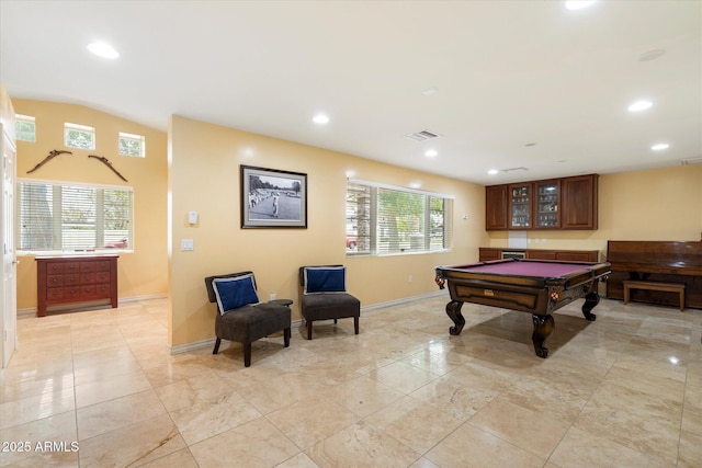 5535 N 13th St, Phoenix, AZ 85014 - recreation room with visible vents, baseboards, lofted ceiling, recessed lighting, and billiards