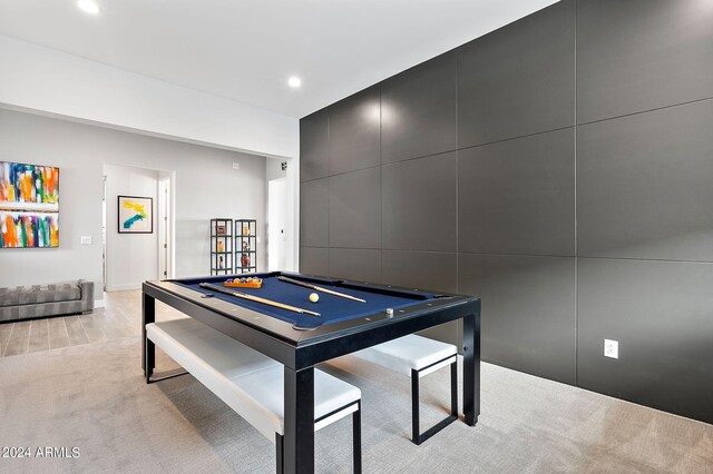 rec room with light carpet and billiards