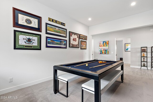 recreation room featuring billiards and light carpet