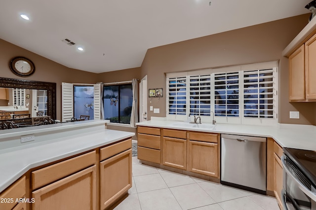 12754 E Laurel Ln, Scottsdale, AZ 85259 - kitchen featuring stainless steel appliances, a sink, light tile patterned floors, light countertops, and recessed lighting