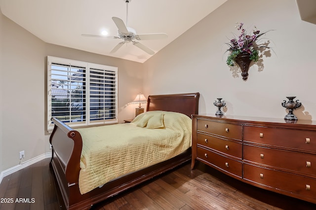 12754 E Laurel Ln, Scottsdale, AZ 85259 - bedroom with hardwood / wood-style floors, vaulted ceiling, a ceiling fan, and baseboards