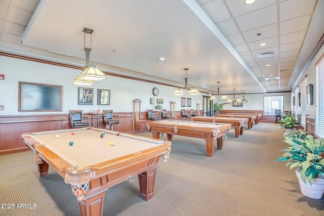 game room with billiards, visible vents, carpet floors, and wainscoting