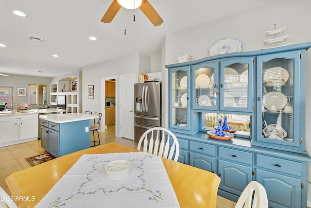 dining area featuring light tile patterned floors, recessed lighting, visible vents, and ceiling fan