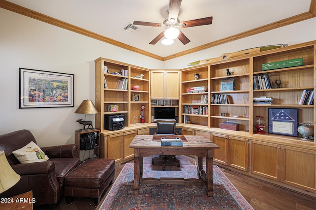 office area with ceiling fan, ornamental molding, and dark hardwood / wood-style flooring