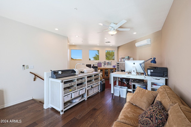 living room with ceiling fan, a wall unit AC, and dark hardwood / wood-style flooring