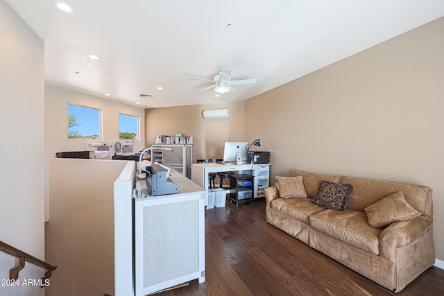 living room featuring ceiling fan and dark hardwood / wood-style floors