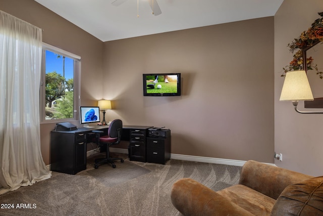 office space with carpet and ceiling fan