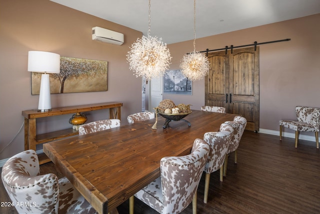 dining room with a barn door, an inviting chandelier, dark wood-type flooring, and a wall mounted AC