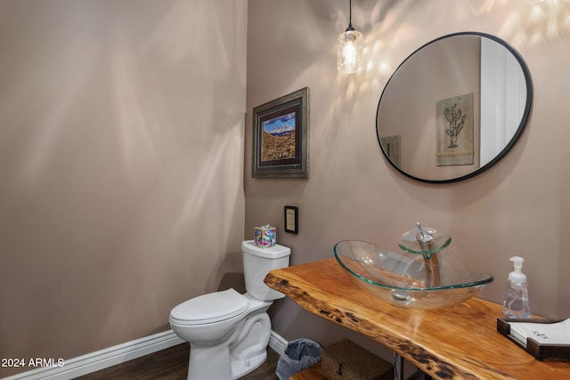 bathroom featuring toilet, wood-type flooring, and sink