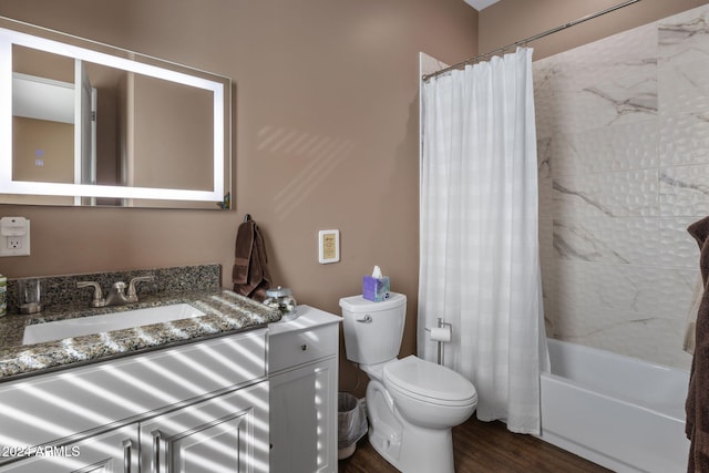 full bathroom with vanity, toilet, shower / bathtub combination with curtain, and wood-type flooring