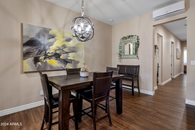 dining space featuring a wall mounted AC, dark hardwood / wood-style flooring, and an inviting chandelier