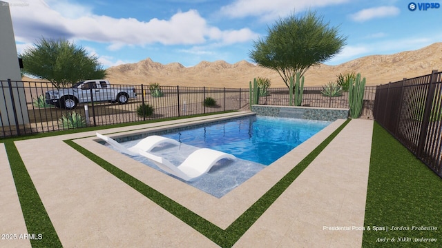 view of swimming pool with a mountain view and pool water feature