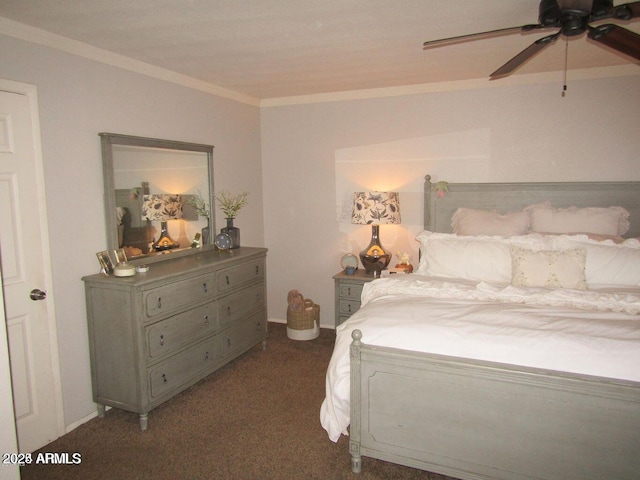 carpeted bedroom featuring crown molding and ceiling fan