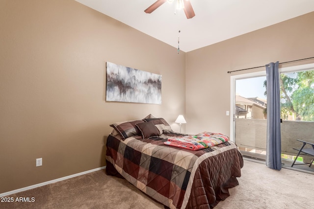 carpeted bedroom featuring ceiling fan, lofted ceiling, and access to exterior