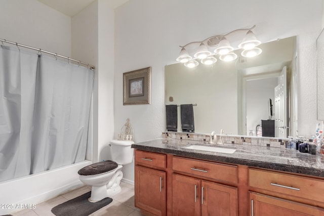 full bathroom with toilet, tile patterned flooring, shower / bath combo, and vanity