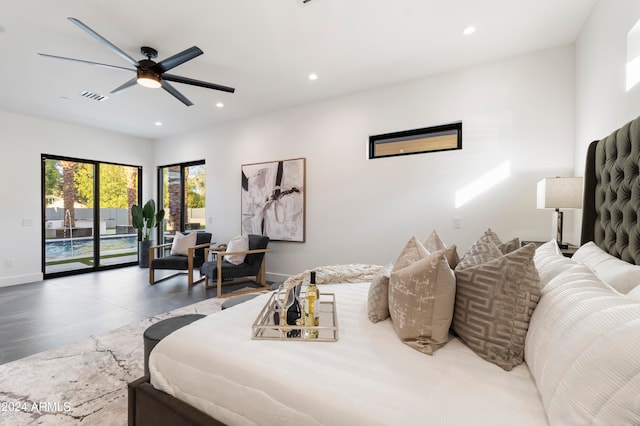 bedroom with access to exterior, wood-type flooring, and ceiling fan