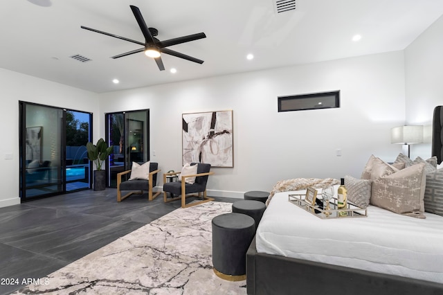 bedroom featuring access to exterior and ceiling fan