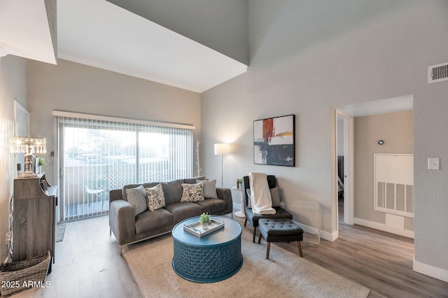 living room with wood-type flooring and a high ceiling