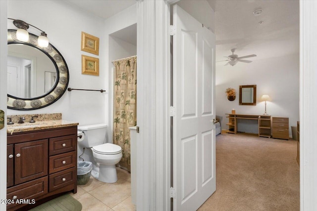 bathroom with tile patterned floors, ceiling fan, toilet, and vanity