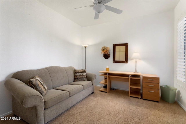 living room featuring ceiling fan and light carpet