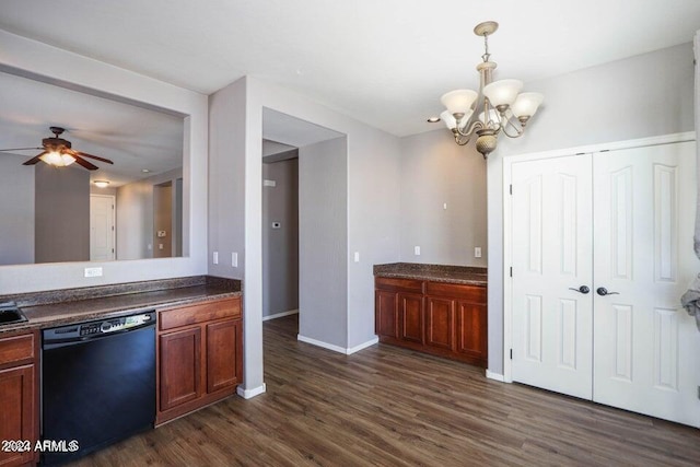 kitchen with black dishwasher, baseboards, dark countertops, dark wood-style flooring, and hanging light fixtures