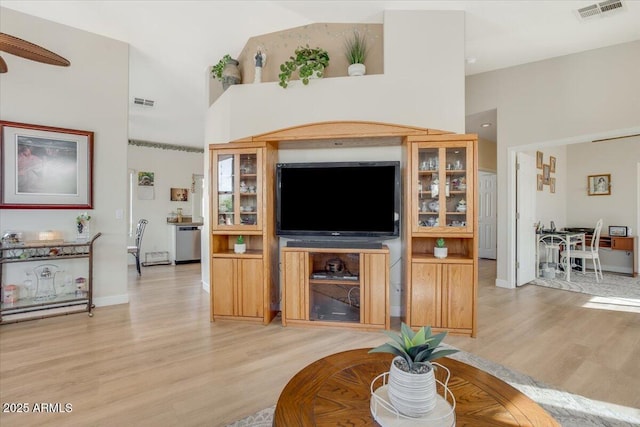 living room with ceiling fan and hardwood / wood-style floors